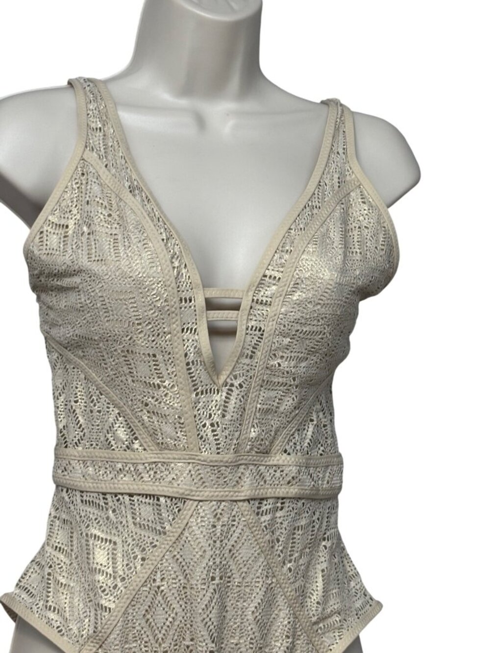 Becca Color Play Crochet Plunge One-Piece Swimsuit, Gold, M-NO REMOVABLE CUPS - Picture 5 of 15